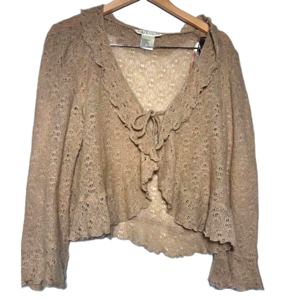 Plaza South Cardigan Sweater VTG 90s Tan Open Knit Ruffle Boho Tie Front Bolero